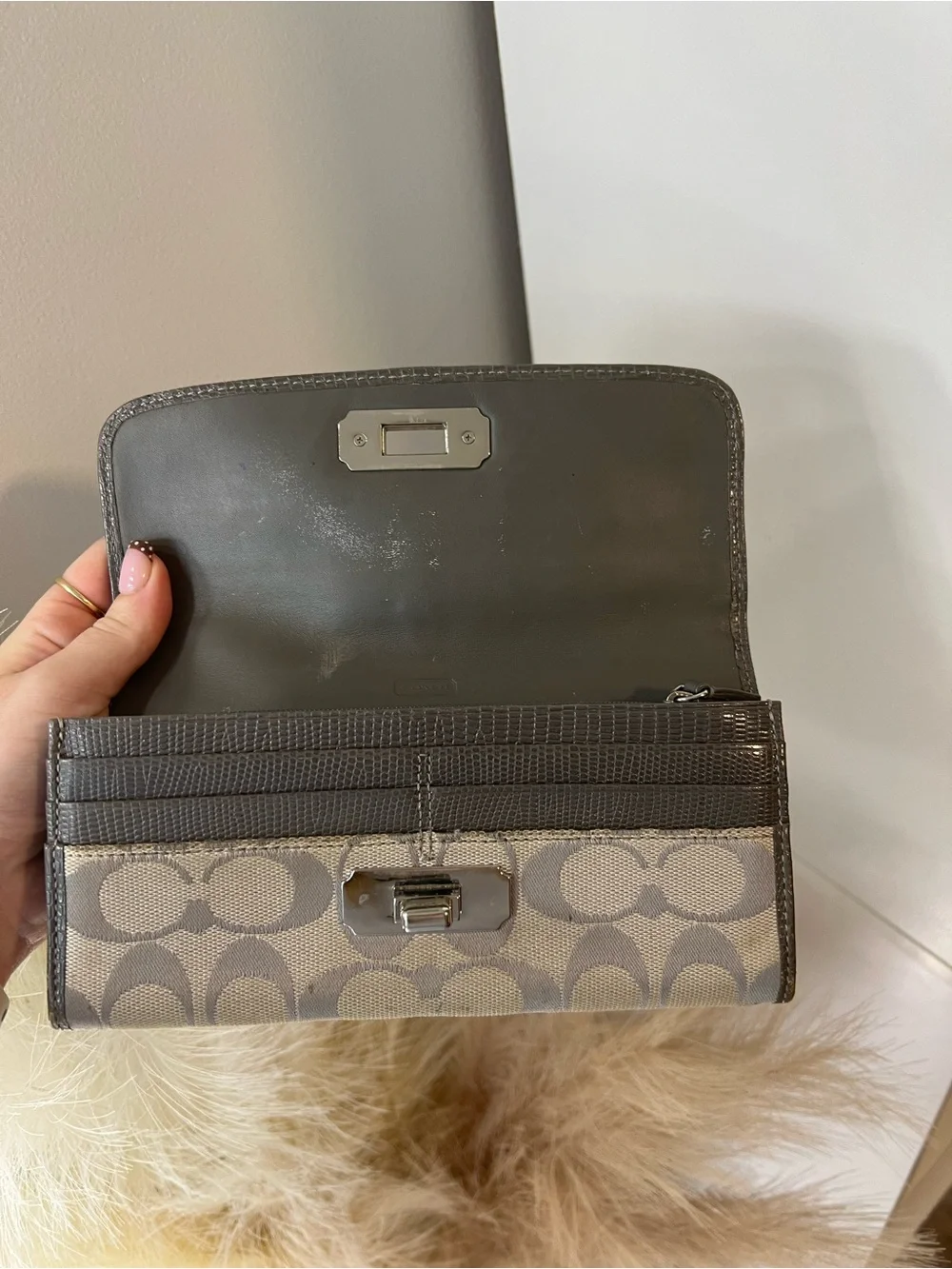 Coach Signature Canvas Fold-Over Wallet in Khaki/Chalk